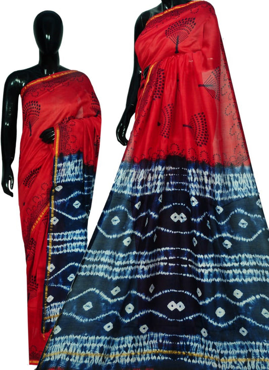 Red Blue Bagru Printed Pure Cotton Sarees - Dailybuyys