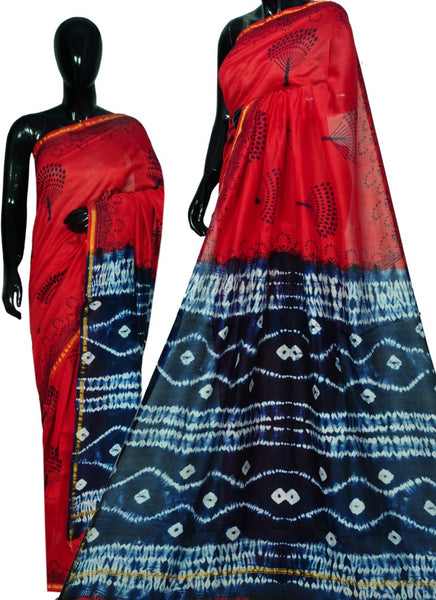 Red Blue Bagru Printed Pure Cotton Sarees