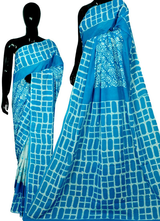 Blue Bagru Printed Pure Cotton Sarees - Dailybuyys