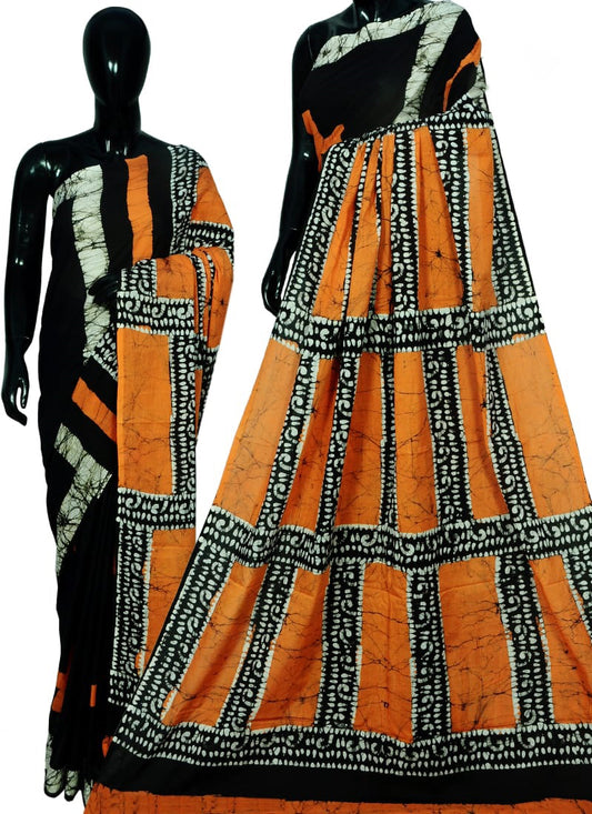 Orange Black Bagru Printed Pure Cotton Sarees - Dailybuyys