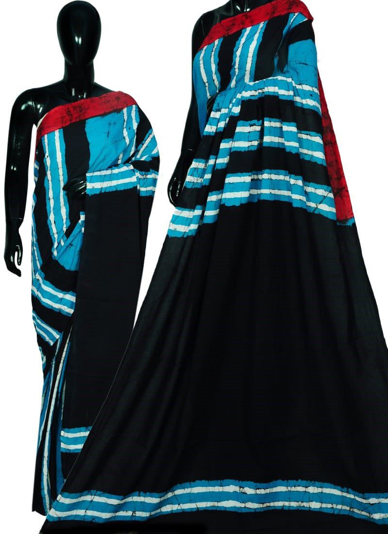 Black Blue Bagru Printed Pure Cotton Sarees - Dailybuyys