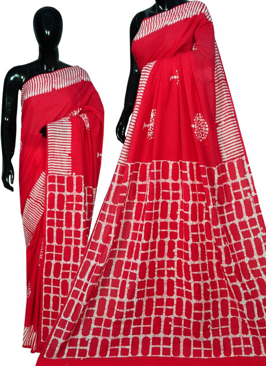 Red Bagru Printed Pure Cotton Sarees - Dailybuyys