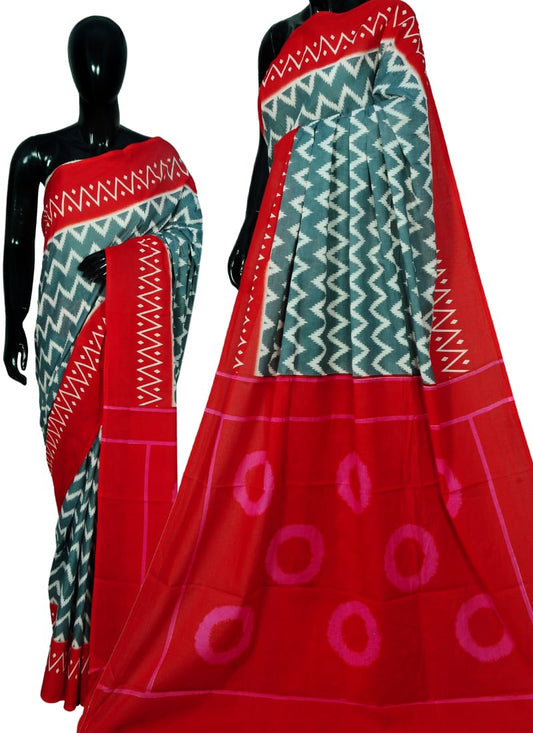Red Blue Bagru Printed Pure Cotton Sarees - Dailybuyys