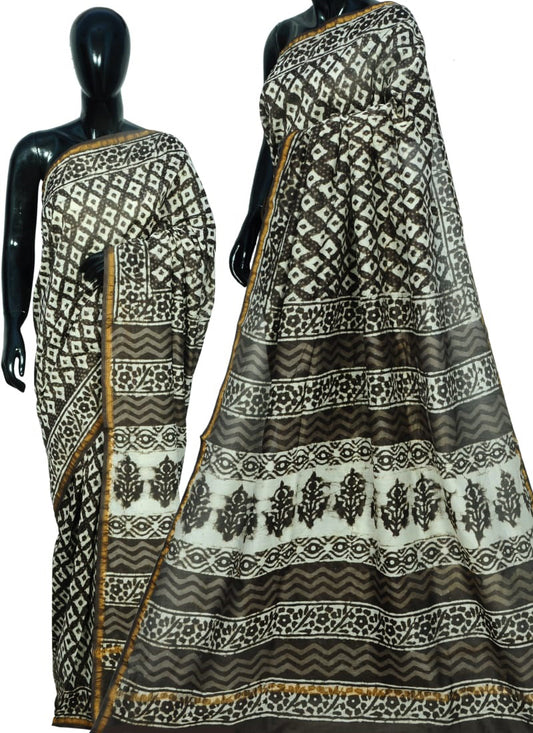 Grey Black Bagru Printed Pure Cotton Sarees - Dailybuyys