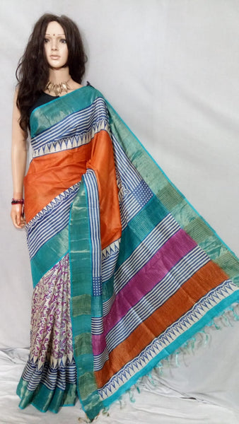 Blue Orange Block Printed  Zari Border Pure Silk Mark Certified Tussar Silk Sarees