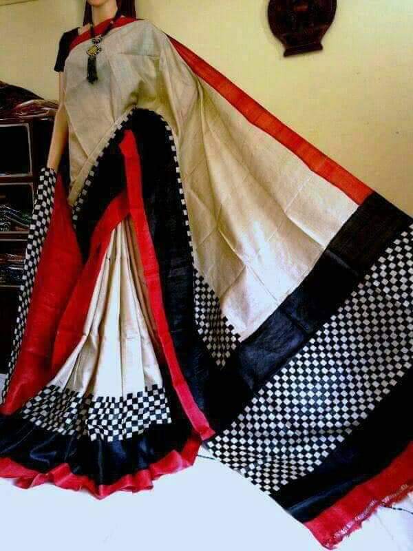 Beige Black Pure KK Block Printed Silk Mark Certified Bishnupuri Silk Sarees - Dailybuyys