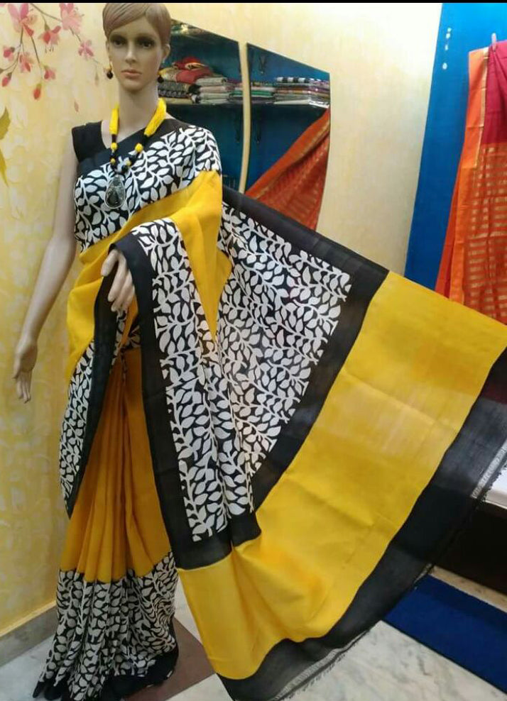 Yellow Black Pure KK Block Printed Silk Mark Certified Bishnupuri Silk Sarees