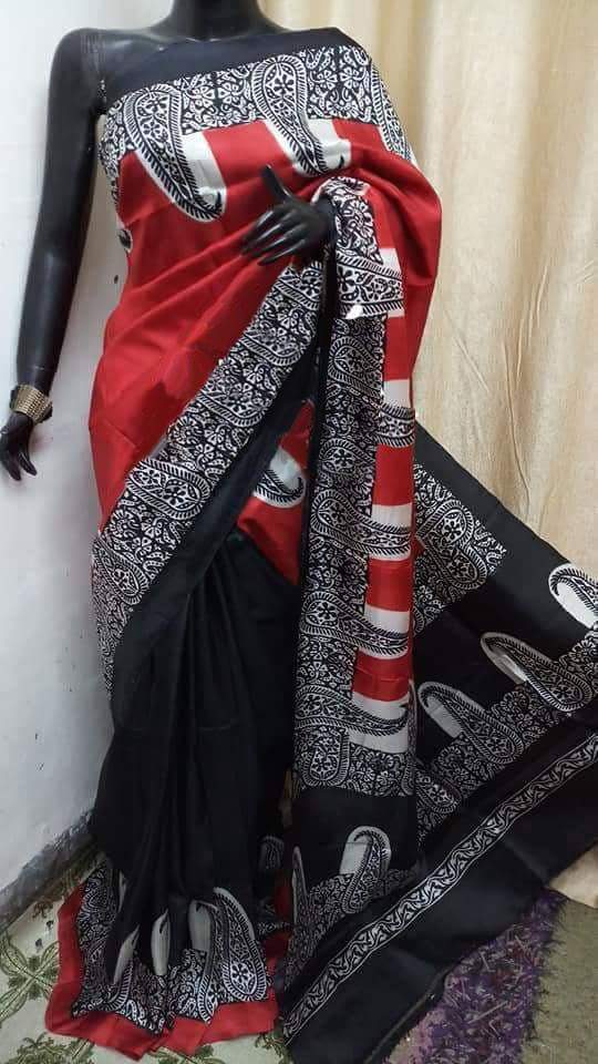 Red Black Pure KK Block Printed Silk Mark Certified Bishnupuri Silk Sarees - Dailybuyys