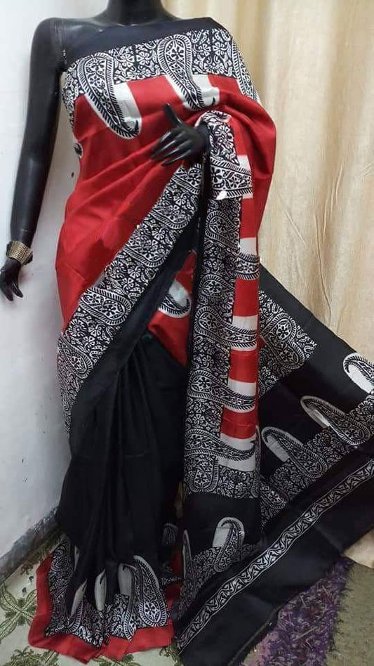Red Black Pure KK Block Printed Silk Mark Certified Bishnupuri Silk Sarees - Dailybuyys