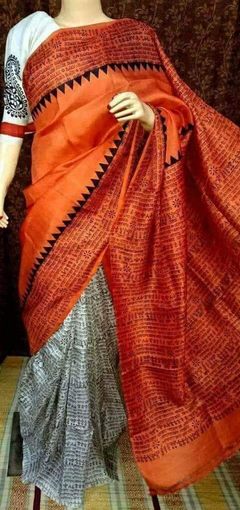 Orange Beige Pure KK Block Printed Silk Mark Certified Bishnupuri Silk Sarees - Dailybuyys