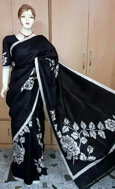 Black Pure Wax Batik Hand Painted Silk Mark Certified Bishnupuri Silk Sarees