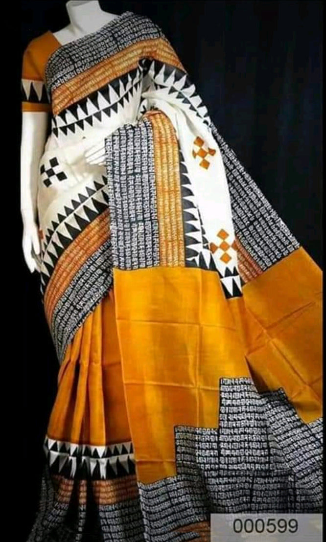 Yellow Pure KK Block Printed Silk Mark Certified Bishnupuri Silk Sarees