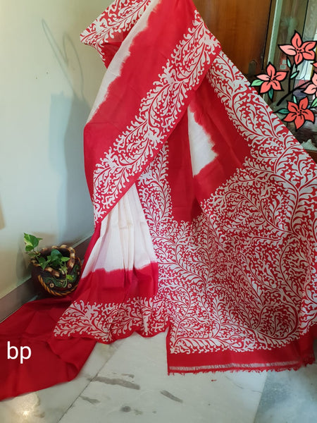 Red White Pure KK Block Printed Silk Mark Certified Bishnupuri Silk Sarees