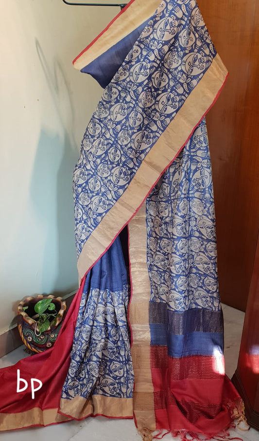 Blue Grey Block Printed Zari Border KK  Zari Border Pure Silk Mark Certified Tussar Silk Sarees - Dailybuyys