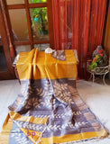 Yellow Beige Block Printed Zari Border KK  Zari Border Pure Silk Mark Certified Tussar Silk Sarees