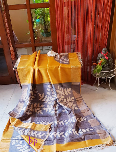 Yellow Beige Block Printed Zari Border KK  Zari Border Pure Silk Mark Certified Tussar Silk Sarees