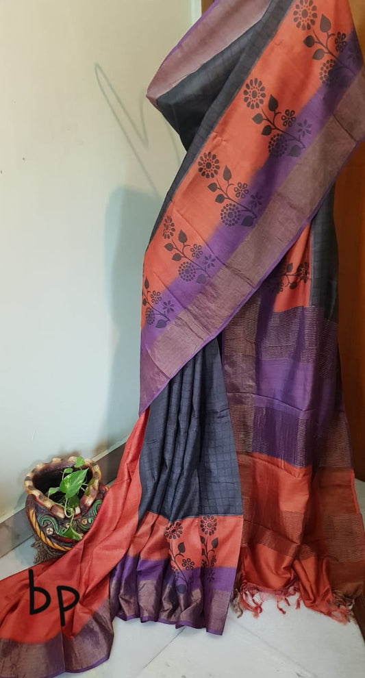 Grey Hand Painted Zari Border KK  Zari Border Pure Silk Mark Certified Tussar Silk Sarees - Dailybuyys