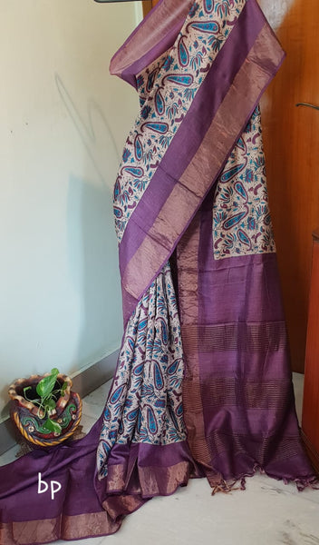 Beige with violet zari border Block Printed Pure Silk Mark Certified Tussar Silk Sarees
