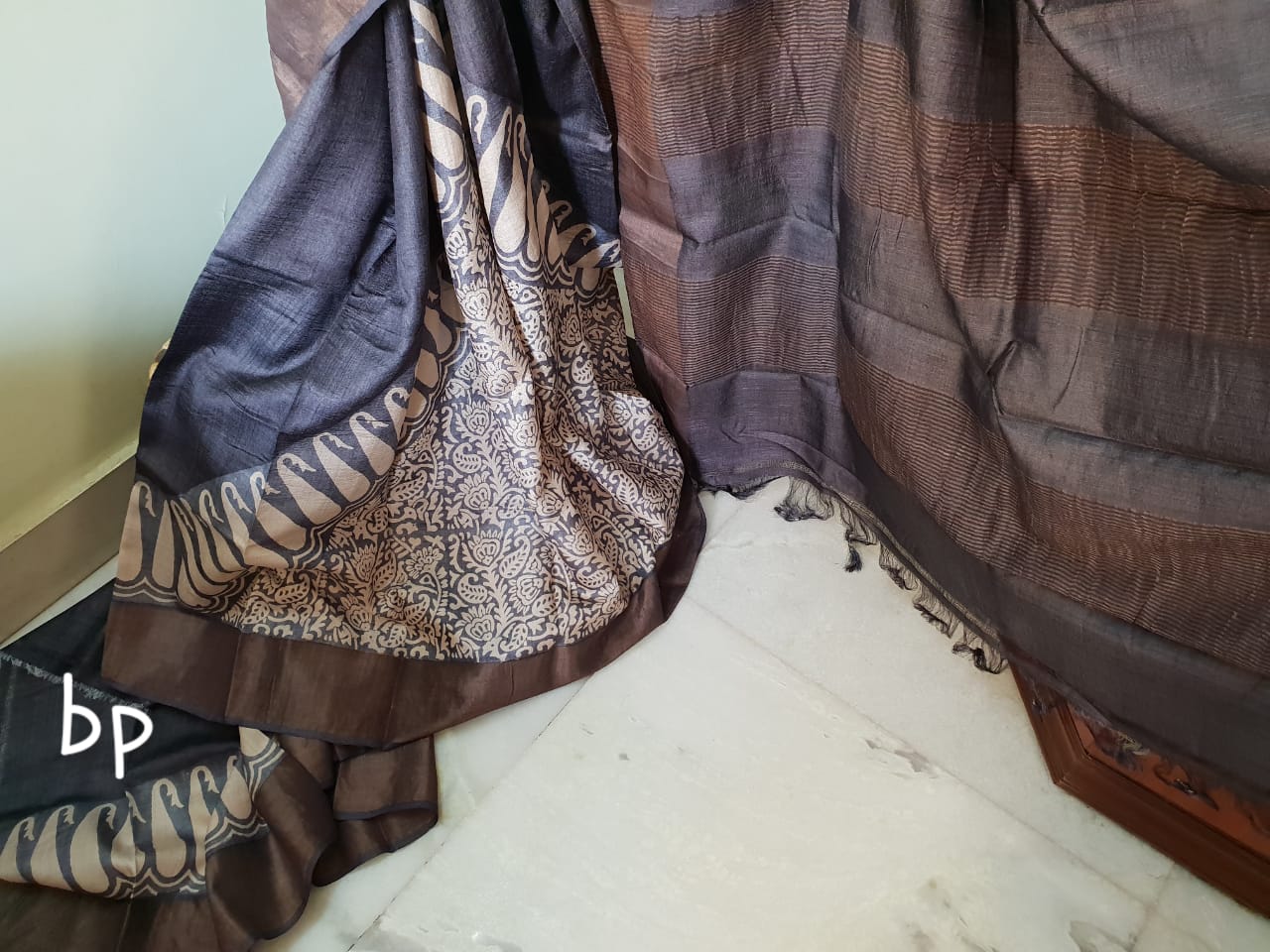 Grey Block Printed Zari Border KK  Zari Border Pure Silk Mark Certified Tussar Silk Sarees