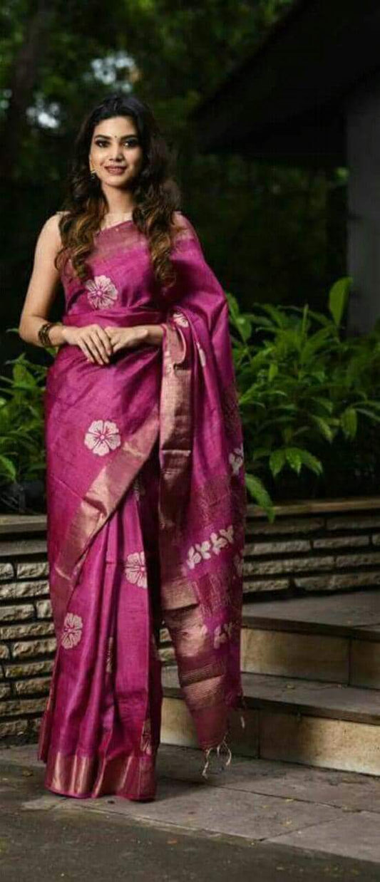 Purple Zari Border KK Block Printed  Zari Border Pure Silk Mark Certified Tussar Silk Sarees - Dailybuyys