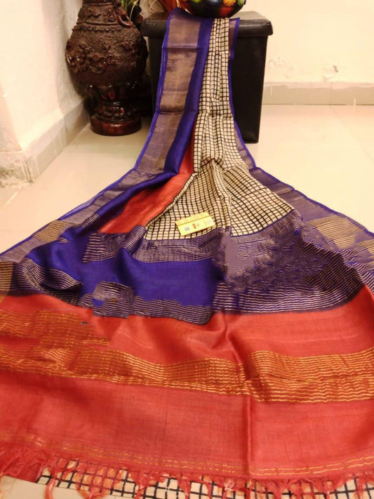 Blue Red Block Printed Zari Border Pure Silk Mark Certified Tussar Silk Sarees - Dailybuyys