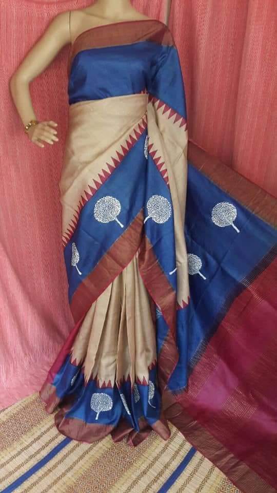 Blue Beige Block Printed  Zari Border Pure Silk Mark Certified Tussar Silk Sarees - Dailybuyys
