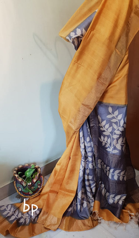 Yellow Hand Painted Zari Border KK  Zari Border Pure Silk Mark Certified Tussar Silk Sarees - Dailybuyys