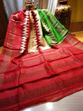 Red Green Muga Block Printed  Zari Border Pure Silk Mark Certified Tussar Silk Sarees Get Extra 10% Discount on All Prepaid Transaction