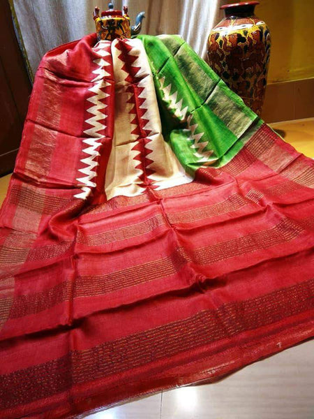 Red Green Muga Block Printed  Zari Border Pure Silk Mark Certified Tussar Silk Sarees