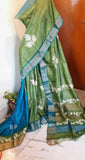 Green Blue Muga  Block Printed Zari Border Pure Silk Mark Certified Tussar Silk Sarees Get Extra 10% Discount on All Prepaid Transaction