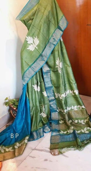 Green Blue Muga  Block Printed Zari Border Pure Silk Mark Certified Tussar Silk Sarees