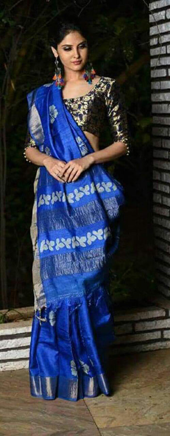 Blue Block Printed Zari Border Pure Silk Mark Certified Tussar Silk Sarees - Dailybuyys