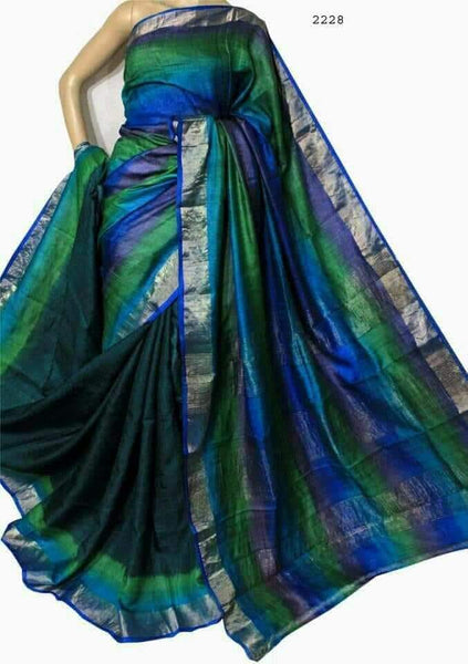 Green Blue Muga Block Printed  Zari Border Pure Silk Mark Certified Tussar Silk Sarees