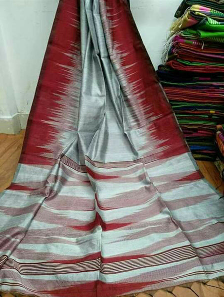 Beige Red Ikkat Handloom Pure Cotton Silk Sarees