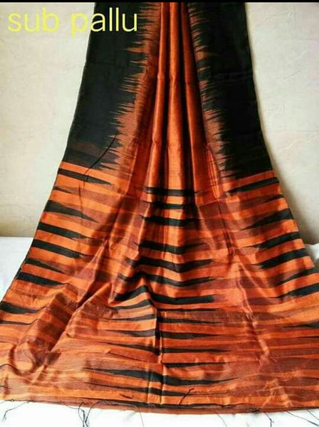 Orange Black Ikkat Handloom Pure Cotton Silk Sarees