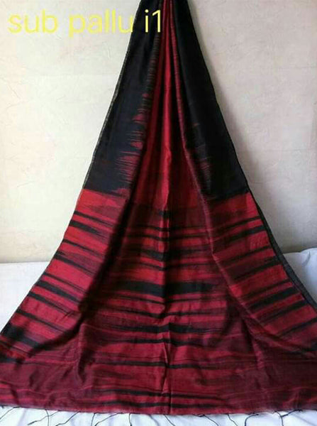 Maroon Black Ikkat Handloom Pure Cotton Silk Sarees