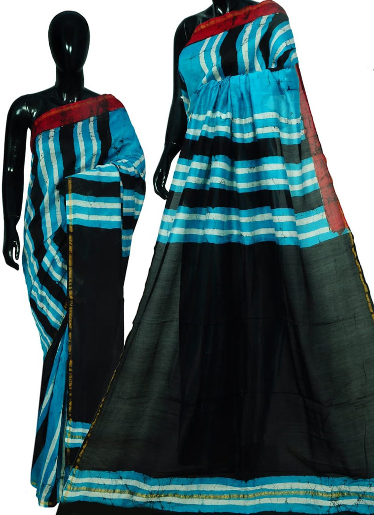 Blue Black Bagru Printed Chanderi Silk Sarees