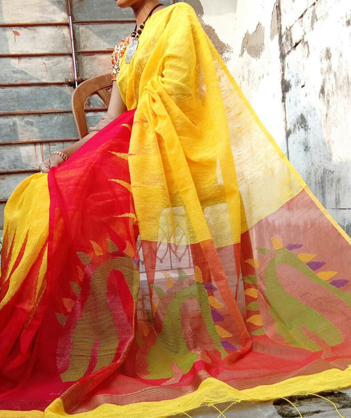 Yellow Red Woven Silk Saree With Embroidered Blouse | Kolour