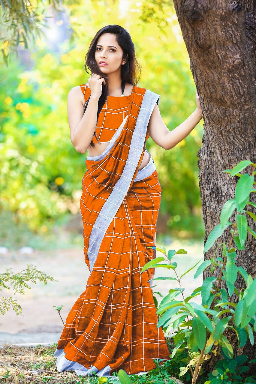 Orange Pure Linen Sarees - Dailybuyys