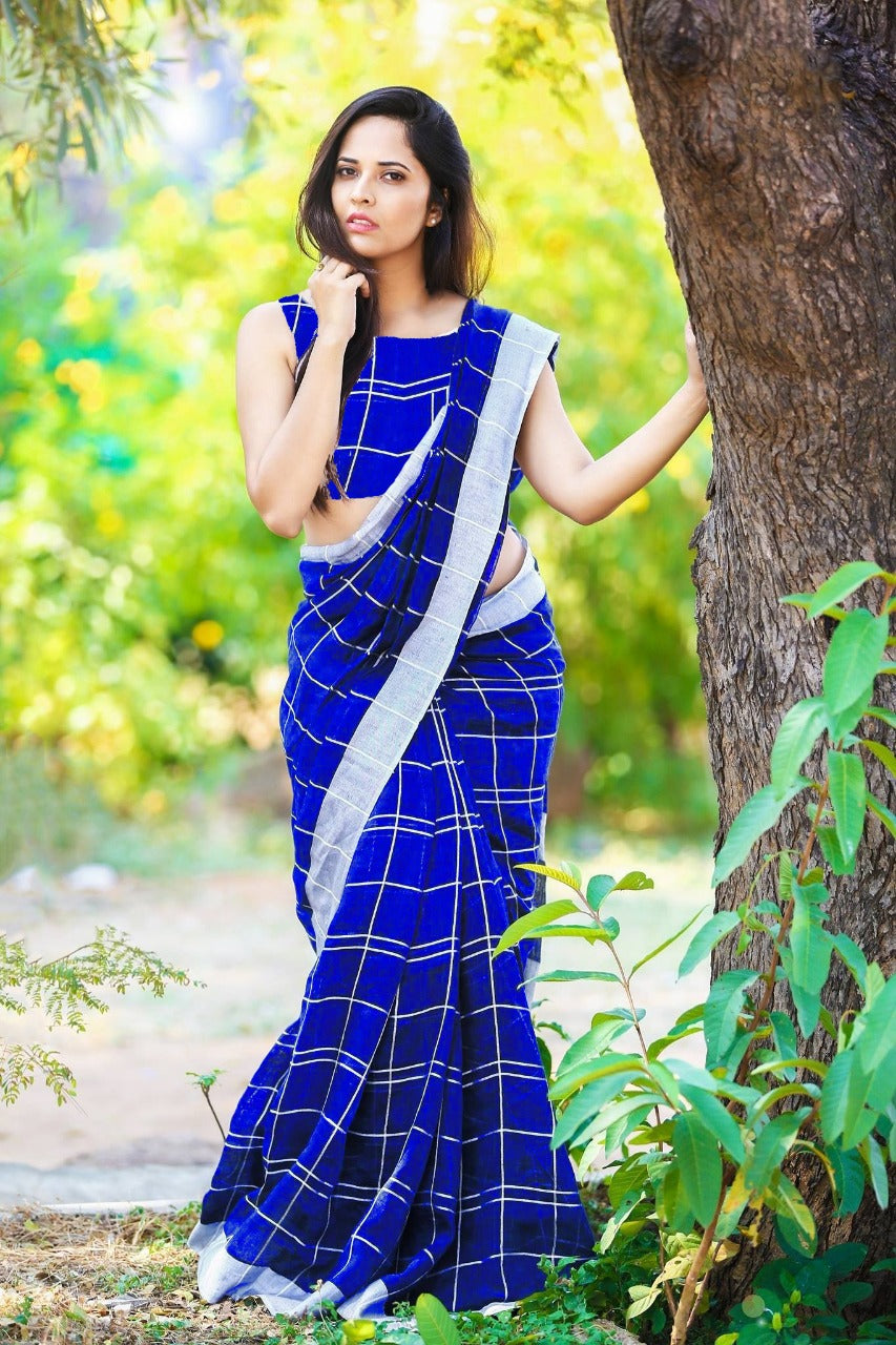 Blue Pure Linen Sarees - Dailybuyys