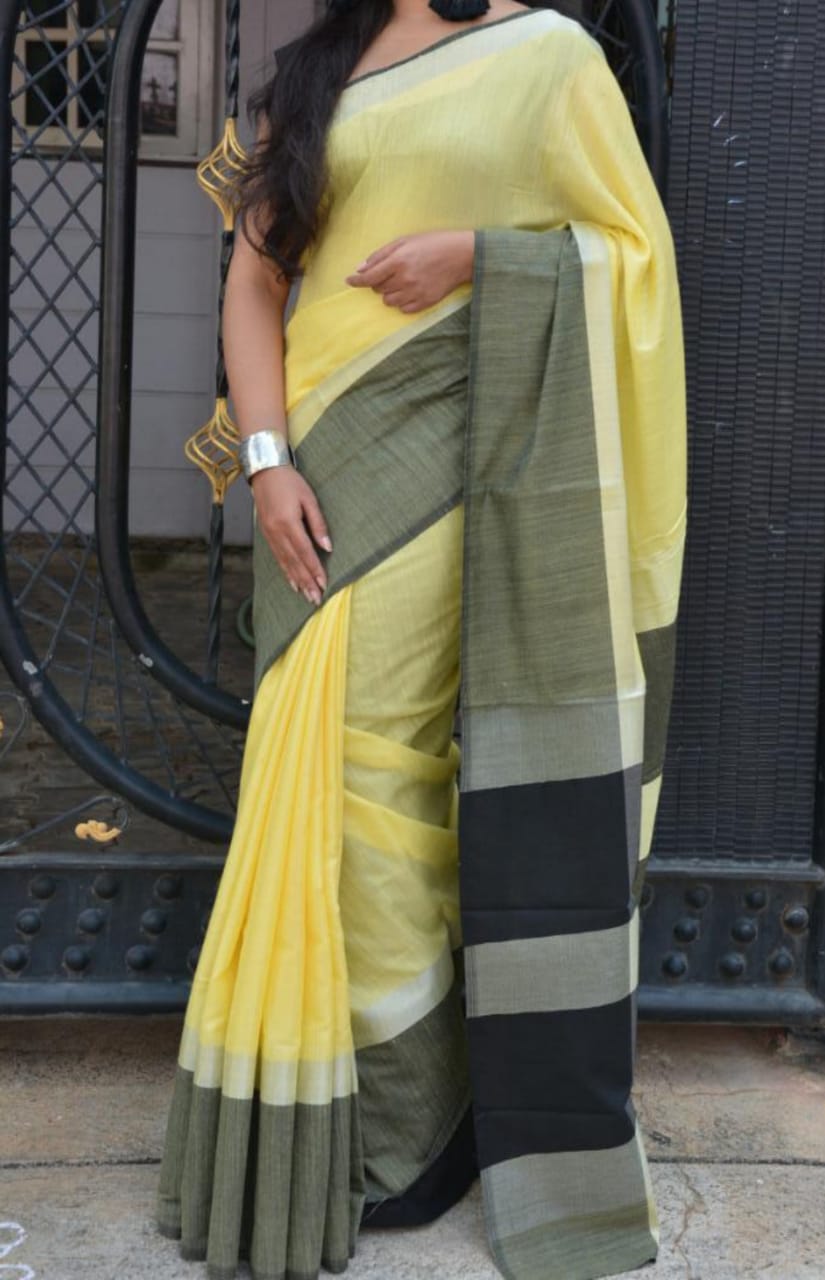 Yellow Check Pure Linen Sarees