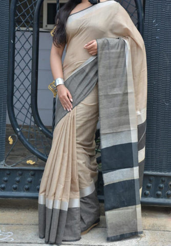 Beige Check Pure Linen Sarees