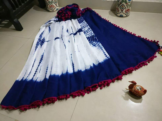 Blue White Mulmul Batik Sarees - Dailybuyys