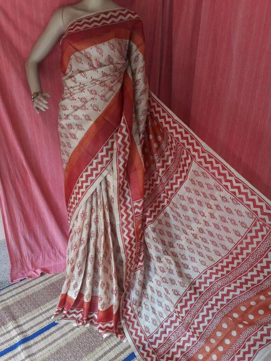 Beige Red Block Printed Pure Silk Mark Certified Bishnupuri Silk Sarees - Dailybuyys