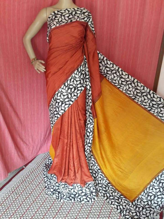 Orange Yellow Block Printed Pure Silk Mark Certified Bishnupuri Silk Sarees - Dailybuyys