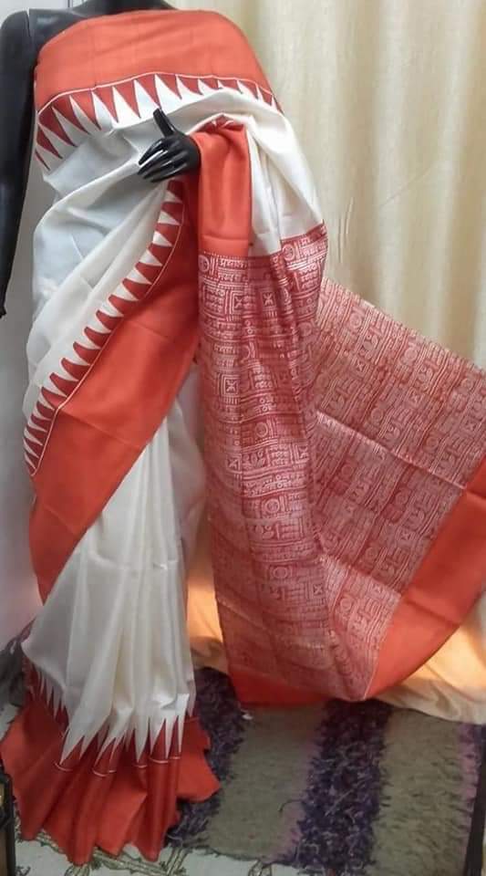 White Block Printed Pure Silk Mark Certified Bishnupuri Silk Sarees - Dailybuyys