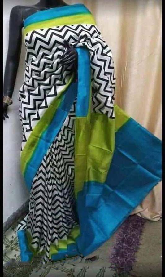 Blue Black Block Printed Pure Silk Mark Certified Bishnupuri Silk Sarees - Dailybuyys