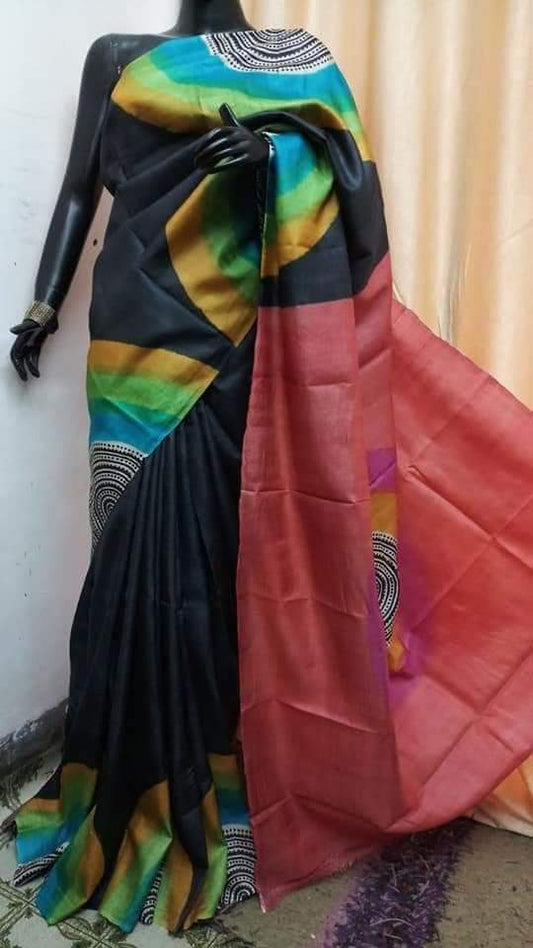 Black Pure Block Printed Silk Mark Certified Bishnupuri Silk Sarees - Dailybuyys