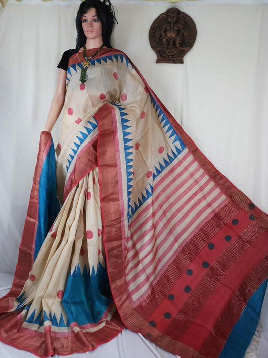 Beige Red Block Printed Zari Border Pure Silk Mark Certified Tussar Silk Sarees - Dailybuyys