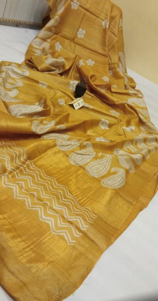 Yellow Block Printed Zari Border Pure Silk Mark Certified Tussar Silk Sarees